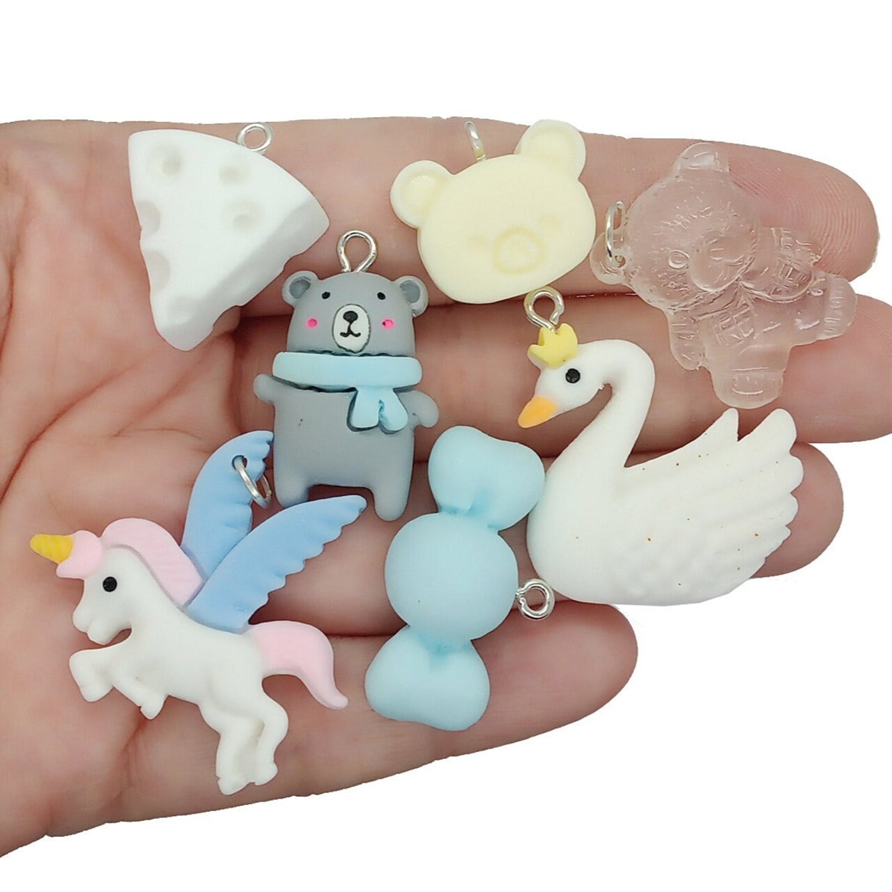 Blue and White Kawaii Charm Mix: Birds and Bears, 10 piece Sets, Adorabilities
